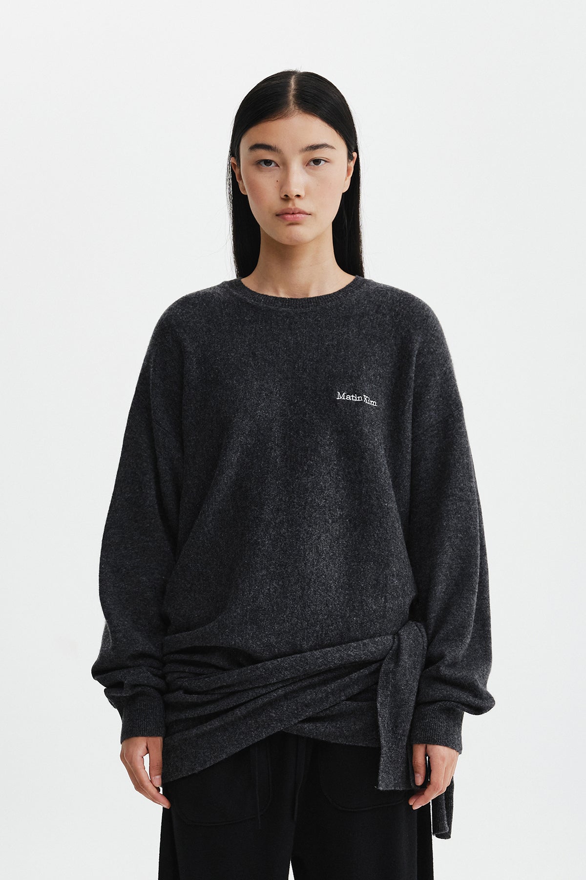 WRAP TIE KNIT PULLOVER IN CHARCOAL GREY