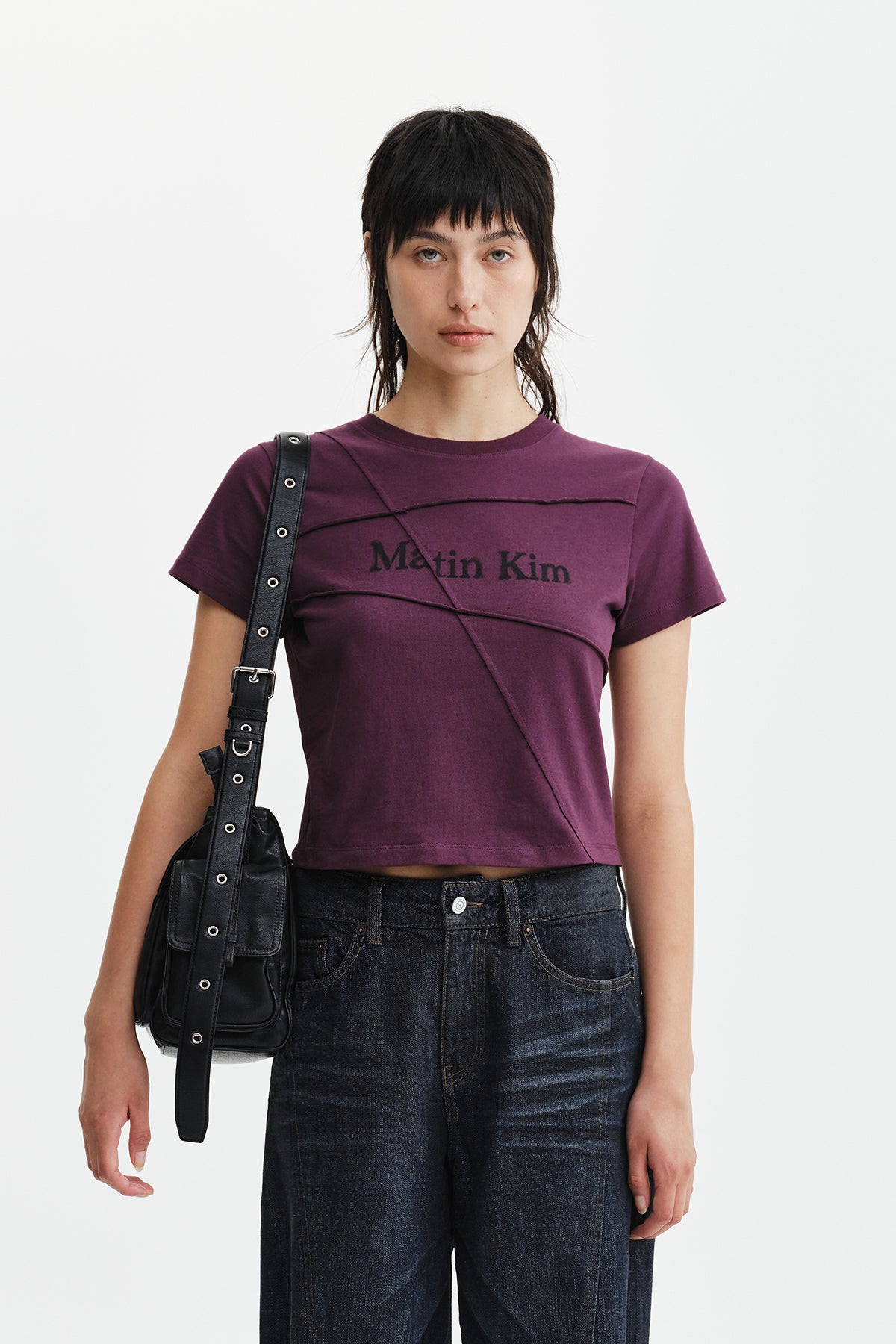 DIAGONAL CUT LOGO CROP TOP IN PURPLE