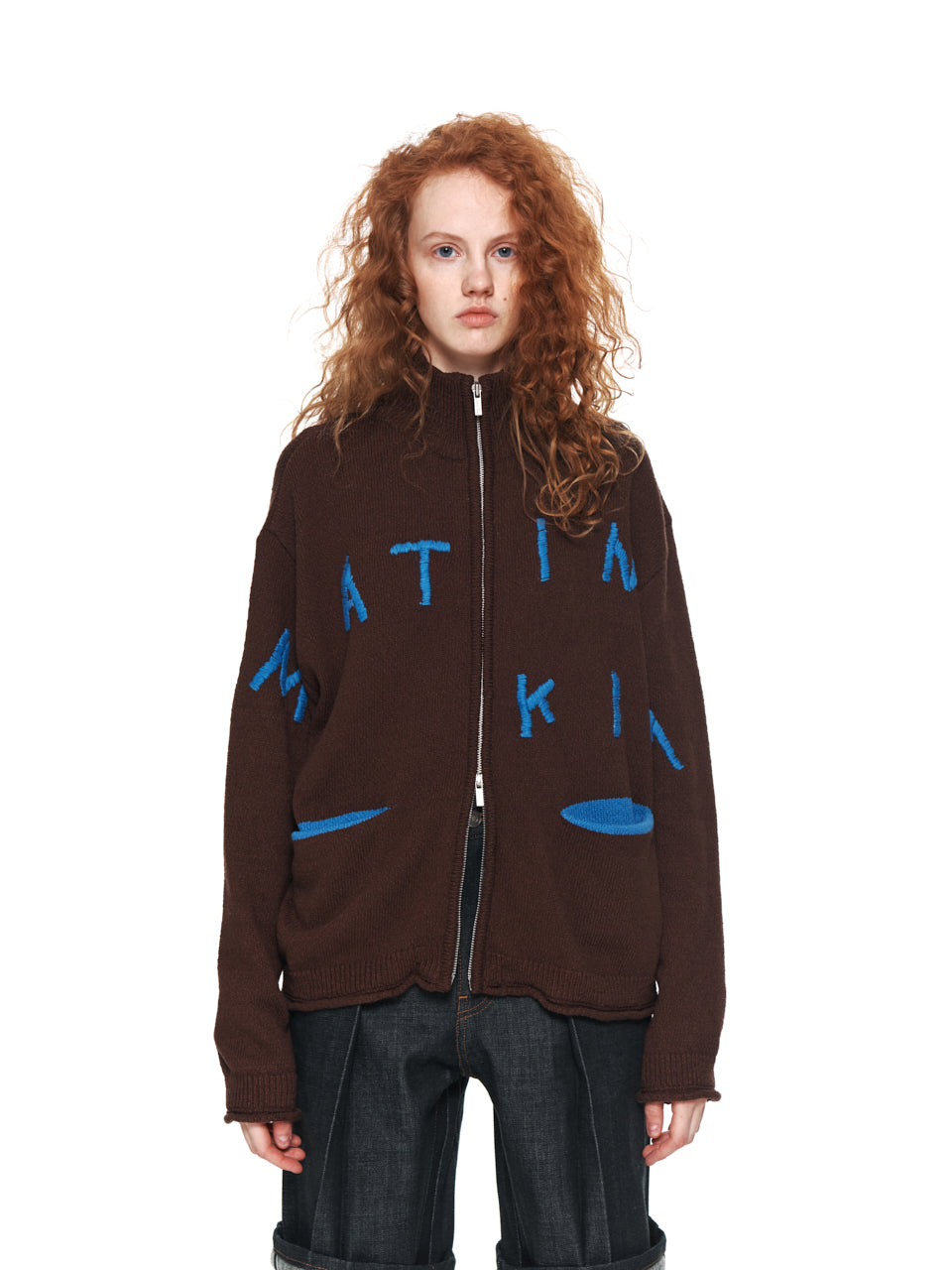 EMBROIDERY LOGO KNIT ZIP UP IN BROWN