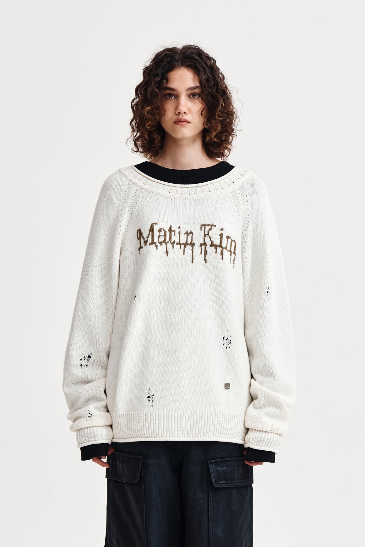 TWO WAY OFF SHOULDER DAMAGE PULLOVER IN IVORY