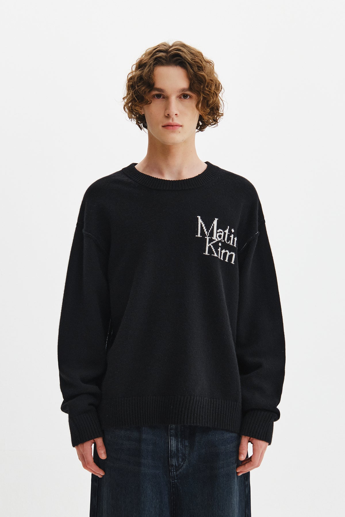 GRID LOGO CASHMERE BLENDED KNIT PULLOVER IN BLACK