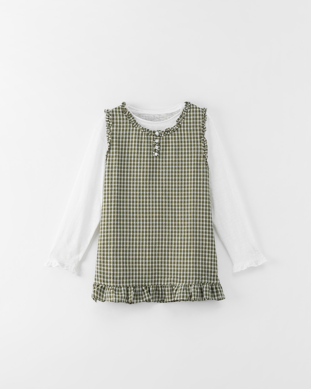 格紋荷葉邊兩件式背心上衣-綠